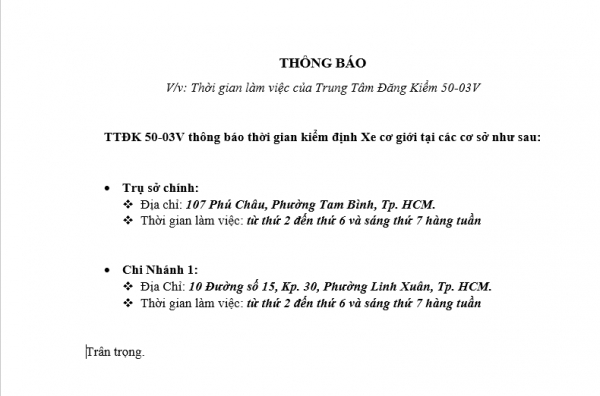 Thông báo thời gian làm việc tại TTĐK 50-03V