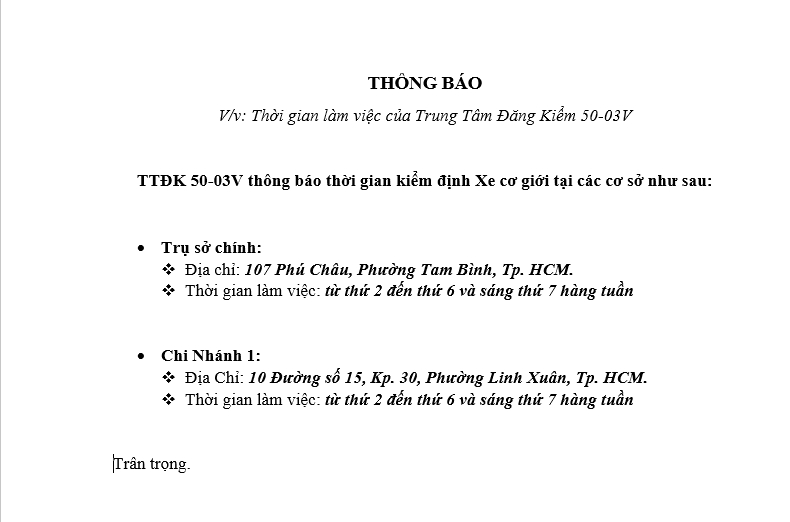 IThông báo thời gian làm việc tại TTĐK 50-03V